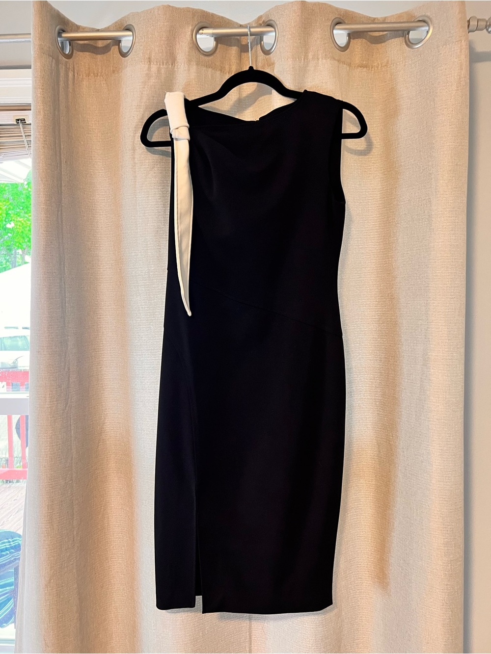Calvin Klein Black One-Shoulder Sheath Dress with Ivory Tie